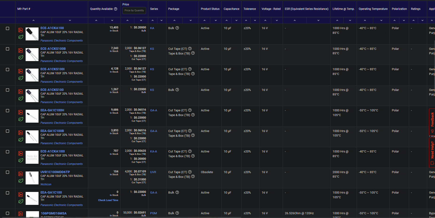 A screenshot of the Digikey website, showing various compatible capacitors