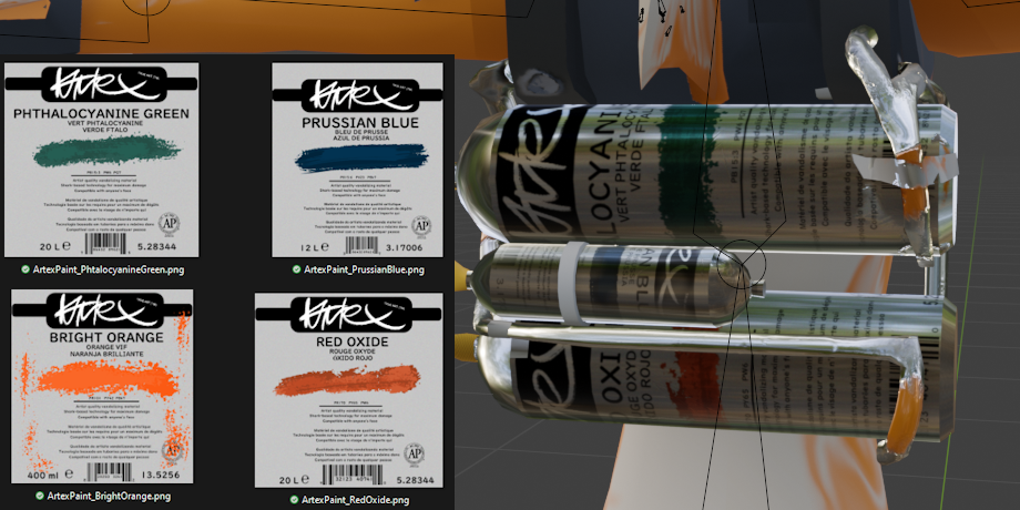 The UVs and textures for the paint canisters on the model's back