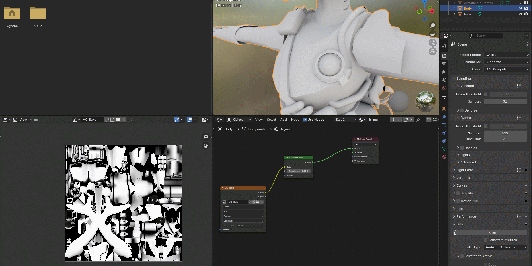Blender technical stuff in screenshot form of how I set it up to generate an ambient occlusion texture