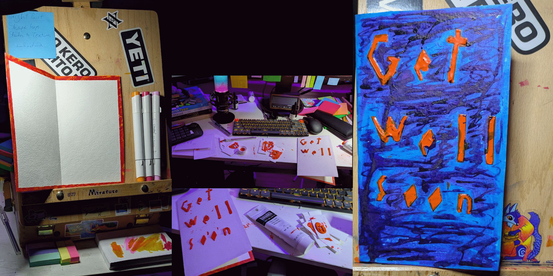 A collage of chaotic images showing me making a card that says get well soon