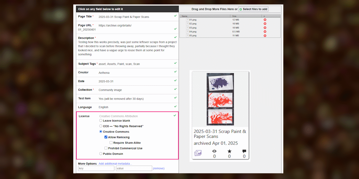 A screenshot of an internet archive upload