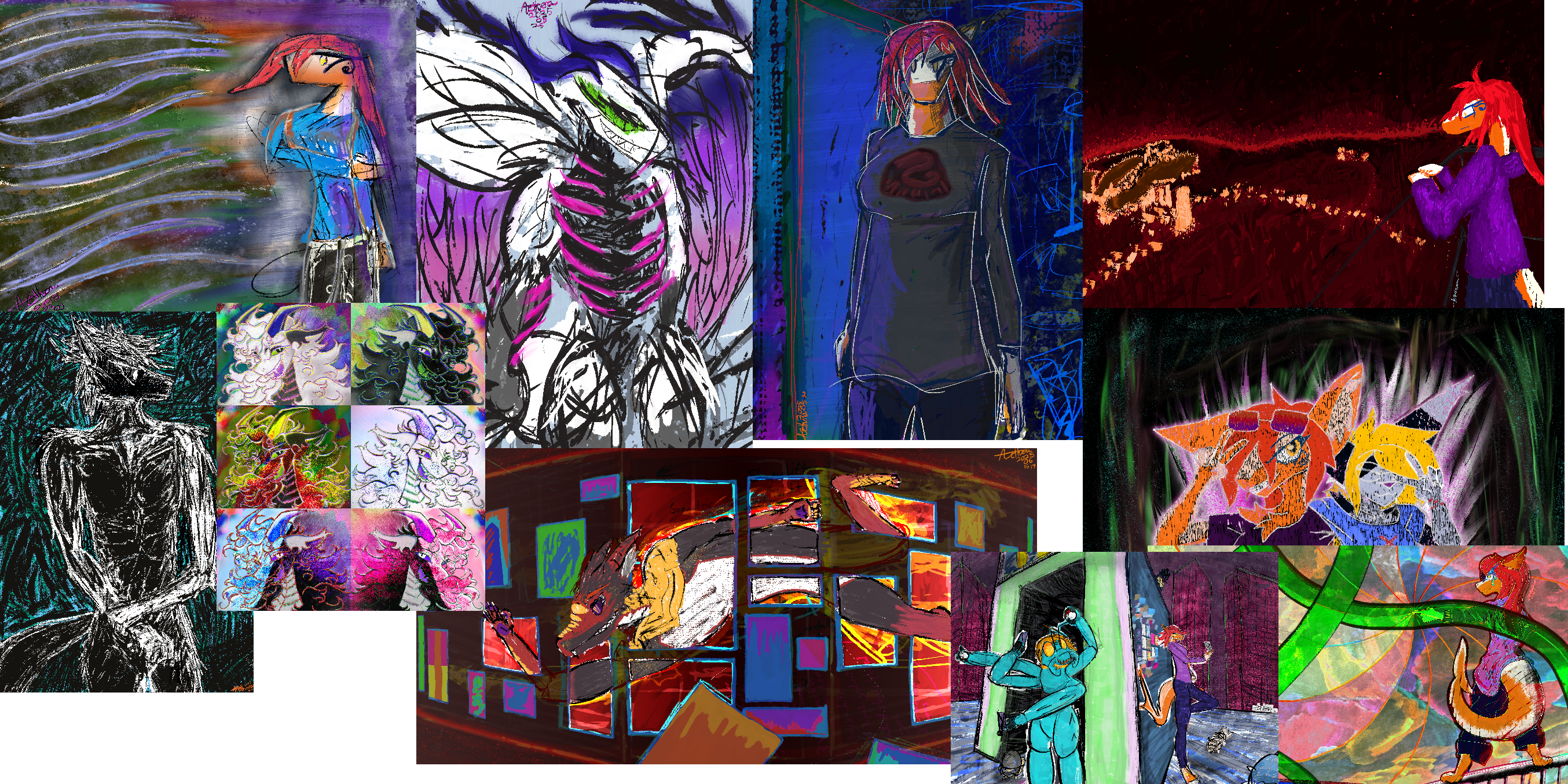 A collage of various 2D digital pieces I've done on a transparent background