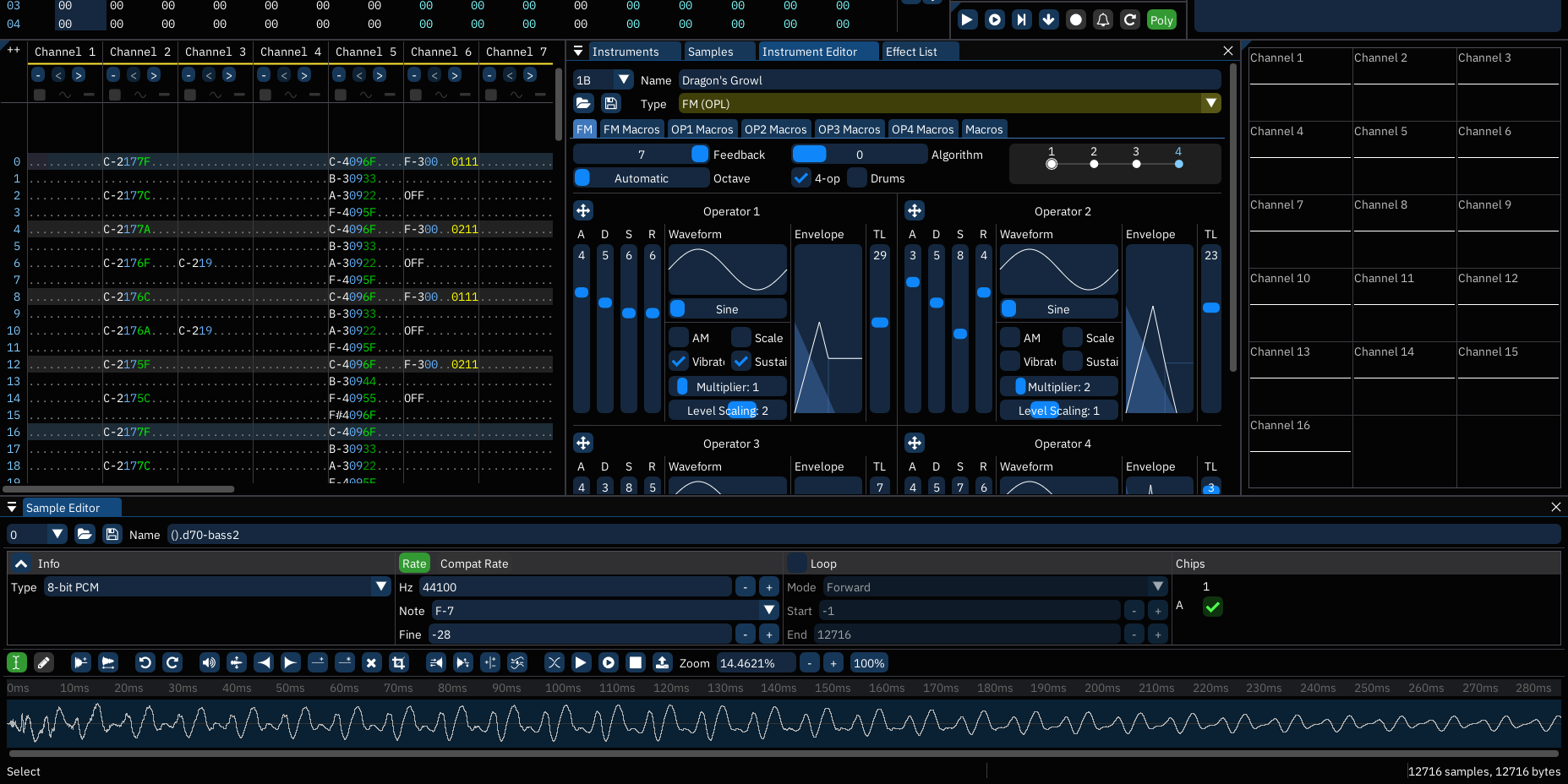 The UI for Furnace, a music tracker