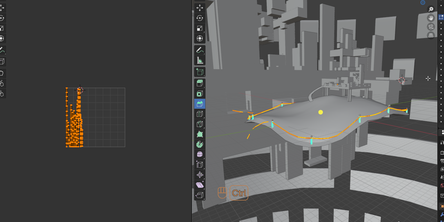 A broken fence defining the perimeter of the main terrain of the world is highlighted in Blender
