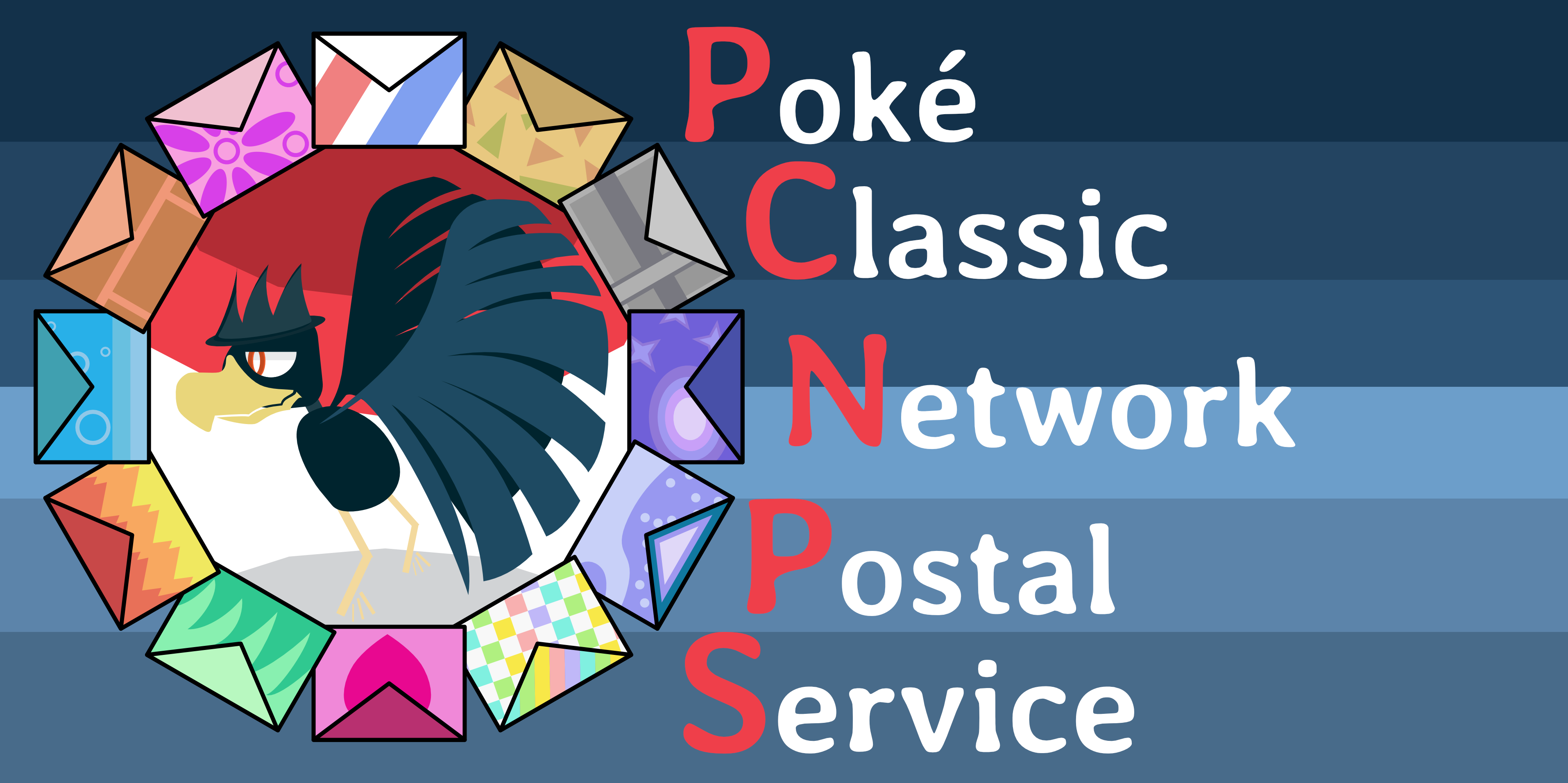 A vector logo mimicking that of a postal service, featuring a Murkrow surrounded by all the mail options of the generation 4 Pokemon games