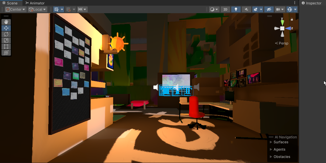 A screenshot in Unity showcasing the warm, orange lighting in the main area