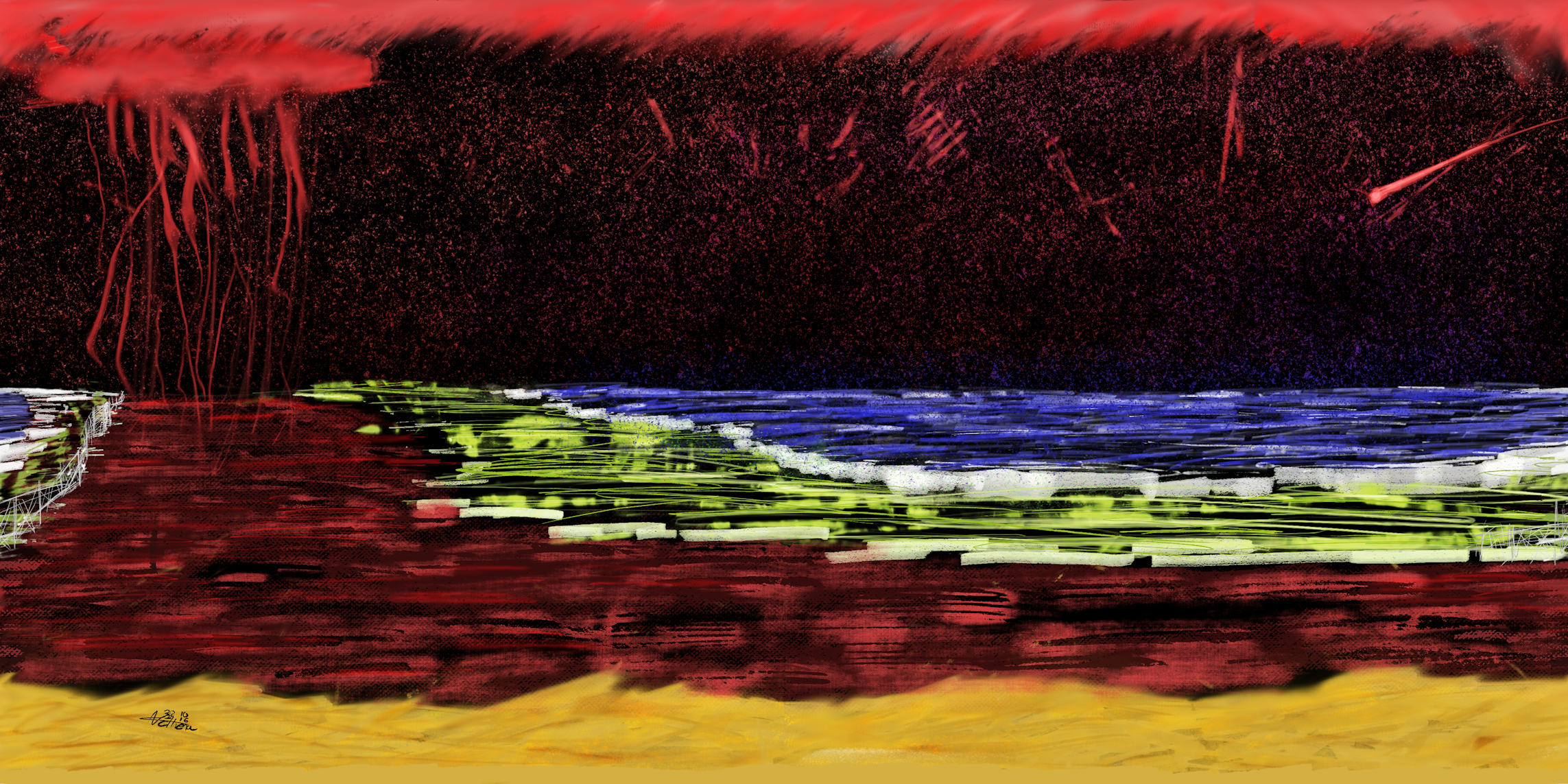 An abstract panoramic digital painting depicting a yellow and red landscape with water, and a red, electrical sprite from the sky