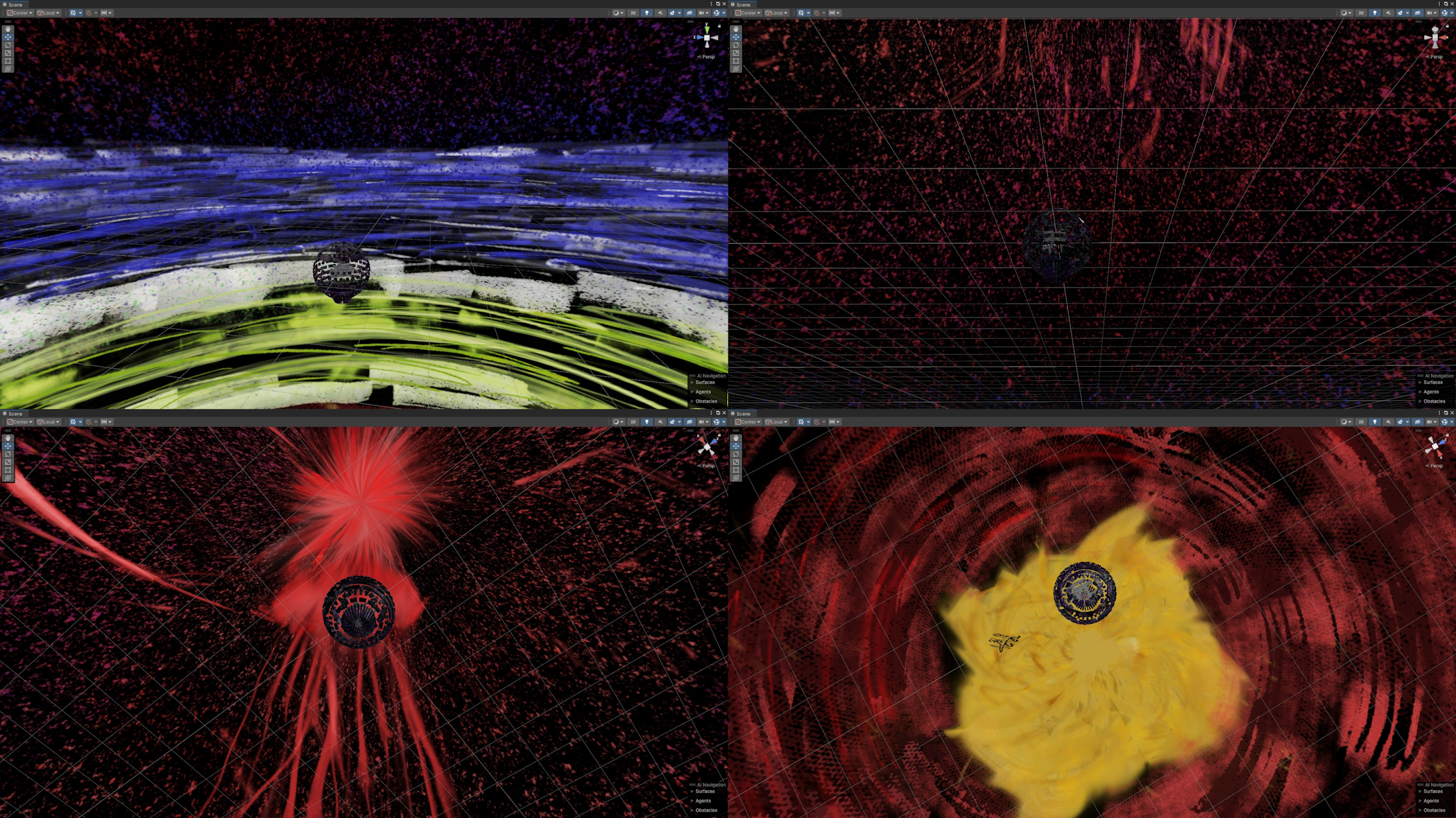 Four screenshots in Unity of the hand drawn panoramic skybox from different angles