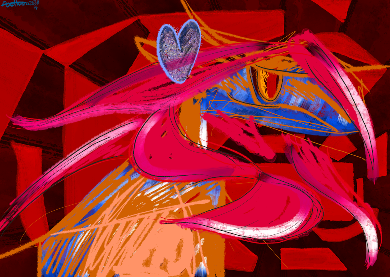 Somewhat abstract drawing of my sona on a red background