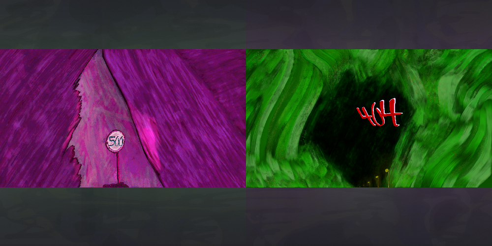 Two side by side digital drawings of custom error pages for HTTP errors 404 and 500