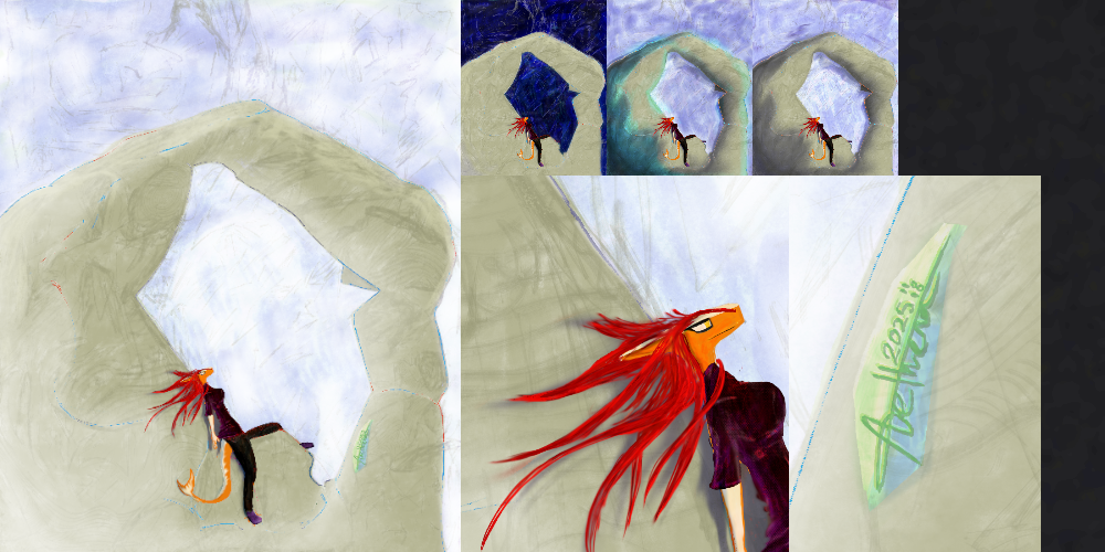 A composited digital drawing of mine, with the original on the left, two close-ups of details on the right, and three alternate colorations above