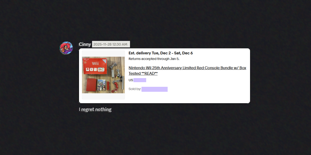 A screenshot of a Discord chat message showing an eBay listing for a red Wii I purchased