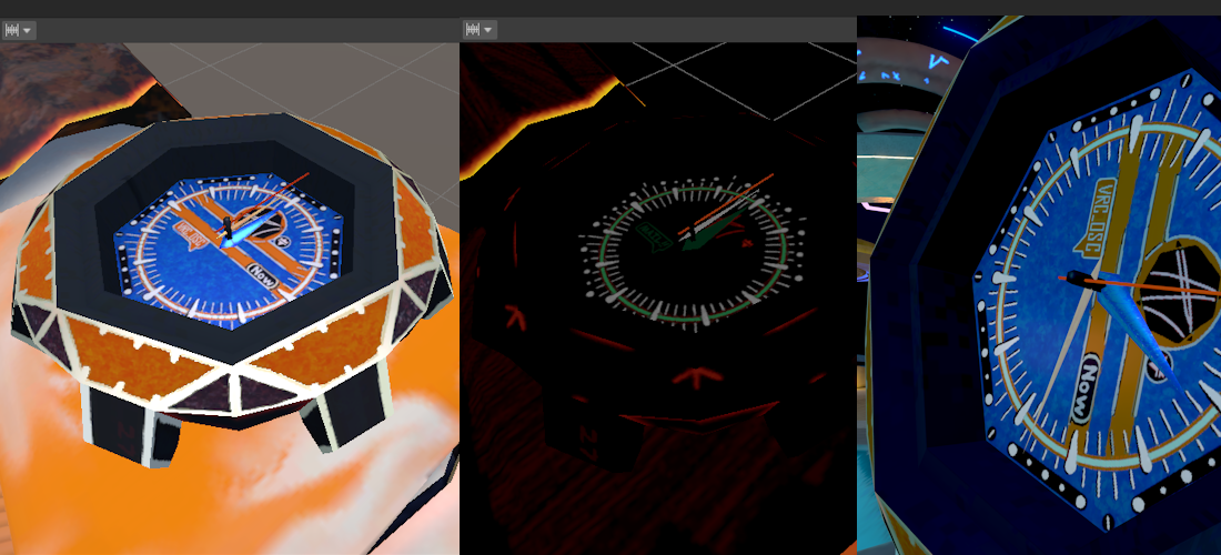 Three side by side screenshots of the watch I modelled (From left to right; Neutral position in full light, neutral position in no light, and active position ingame, showing the time as approximately 01:18)