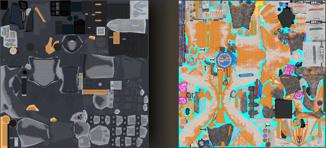A side by side comparison of the UV and main albedo texture files for the original model (left) and my modified one (right)