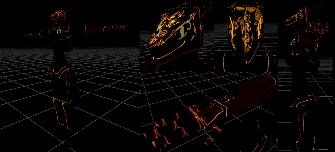 Several composited screenshots of the edited model in a zero light environment, showcasing how edges glow in low light