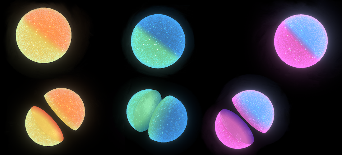 Six bouncy balls from that web toy, with the separated forms on the bottom