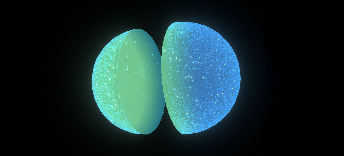 The rendered bouncy ball in question, split in half