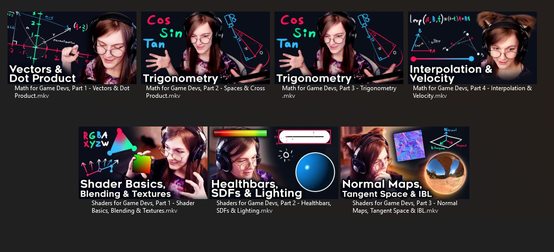 Seven thumbnails of seven videos, part of a tutorial series about math and shading for game development