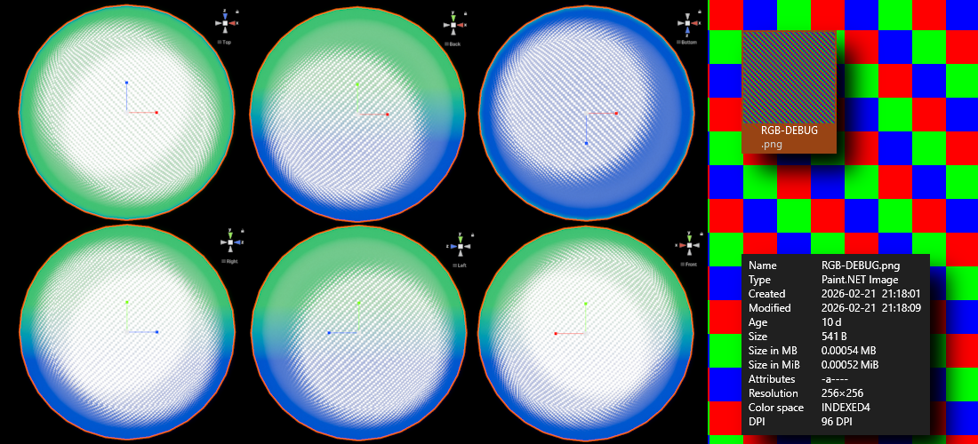 On the left, six screenshots of a sphere with a debug checkerboard texture in the place of a noise texture intended to be sparkles. On the right, two screenshots of the details and preview of the debug checkerboard texture