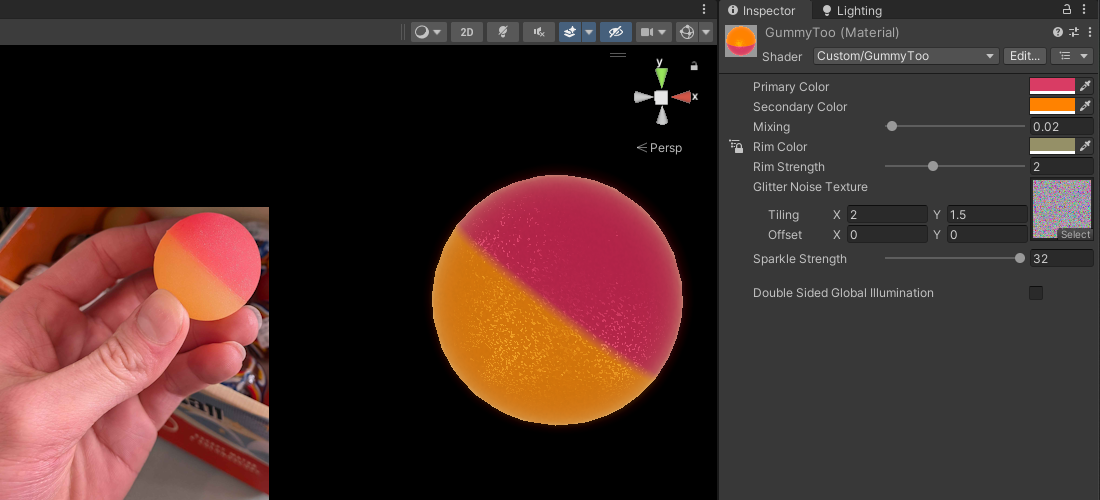 A side by side comparison of my shader applied to a sphere, versus a real life bouncy ball