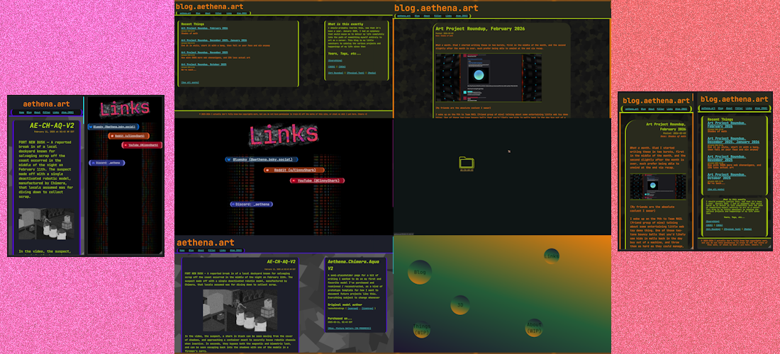 Six desktop-scale pages from both of my domains, showing how certain pages have changed, and four mobile-scale pages to the left and right, all on top of a noisy pink and magenta background