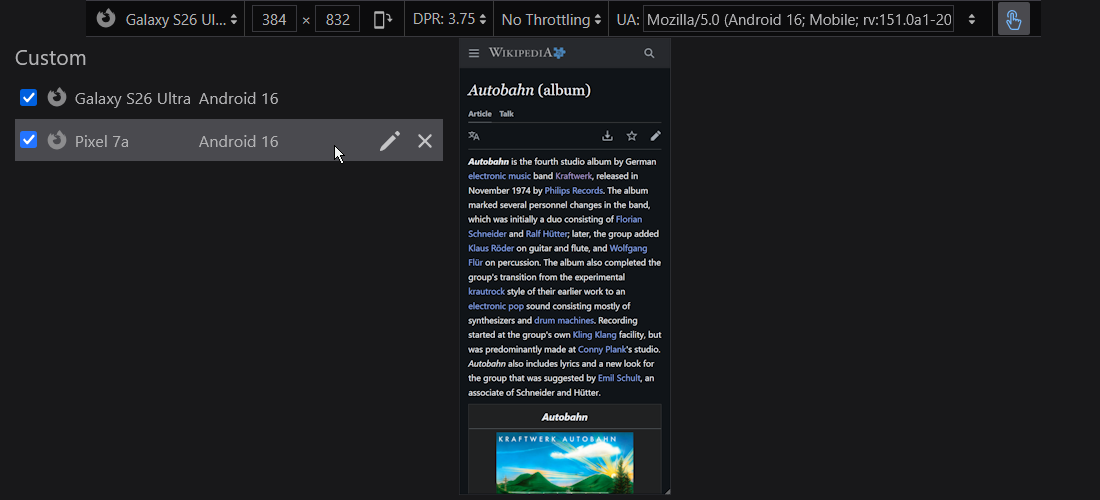 A composited screenshot showcasing Firefox's Responsive Design Mode on Wikipedia's page for Kraftwerk's album, Autobahn, alongside the two custom presets I set, shown on the left, that has both my phone, a Pixel 7a, and my friend's phone, a Galaxy S26 Ultra
