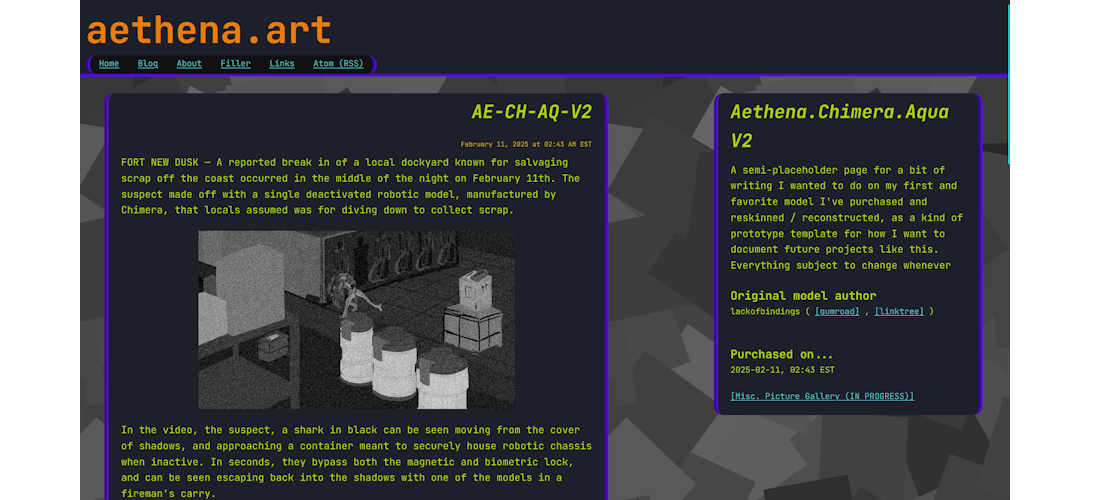 Another new page, specifically detailing some lore I have written about my reassembled Aqua model for VRChat, with personal art included