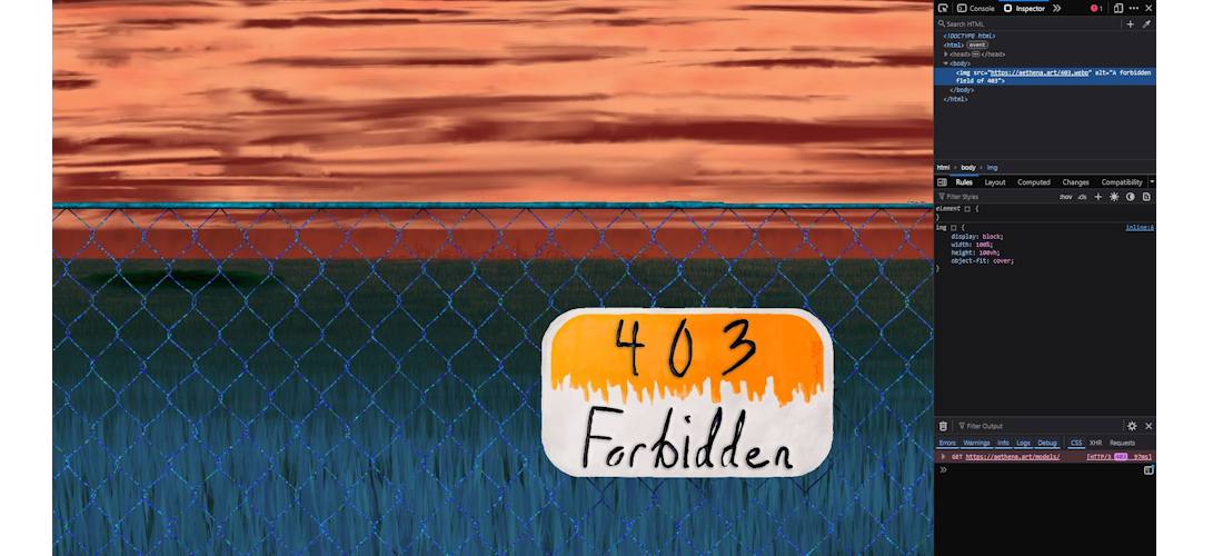 Art for a new error page, 403, featuring a blue to green grassy field behind a blue chain link fence with a white and orange sign that has 403 forbidden painted on it, over an orange and crimson cloudy sky, with a city far off in the distance, and an ominous hole off to the left. To the right is Firefox's console output, showing that the page will return the image properly if the browser hits the HTTP error code 403