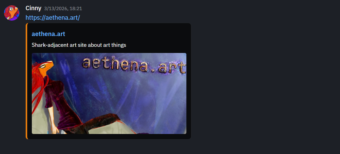 A screenshot from Fluxer, showing how my main domain embeds into chat with a color, an image, and a description