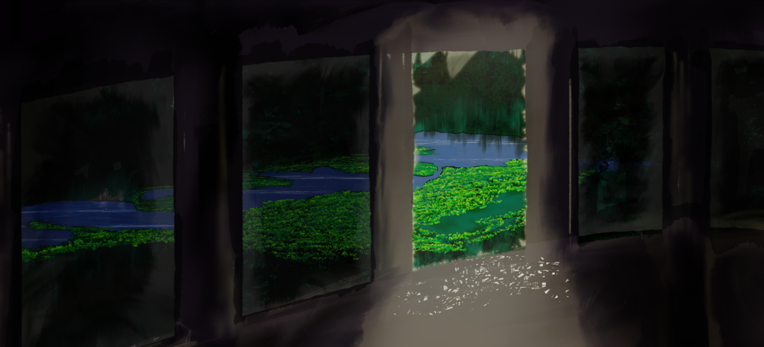 A broken window creating a lighted gateway to a lush, green forest and city below. The interior is dark, the floors are somewhat glossy