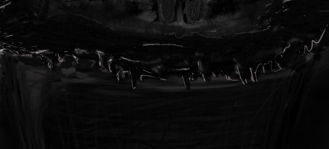 A digital painting of a staticky abyss. The viewer's perspective is beyond the ledge, and can only see the outline of an individual's shoes