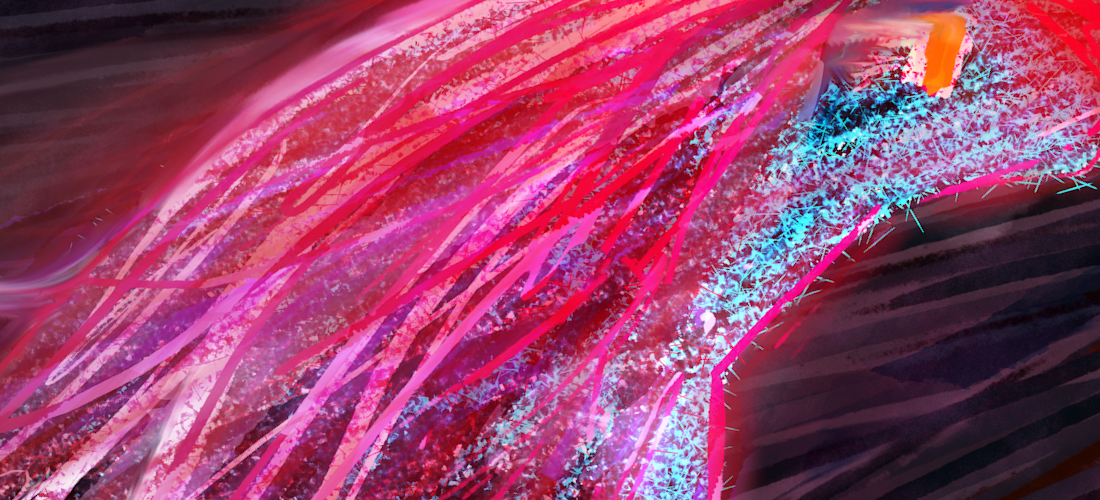 Drawings like this are why I struggle so hard with writing alt text on some of my best pieces, because describing it in a literal sense feels like I'm stripping the emotions out of it. I'm still gonna try though, because this one deserves it. It's a digital painting, something of a self-portrait of my sona, with most of the body's colors filled in with jagged, spiky teal formations. The hair glows a reddish magenta, similar to xenon tubes being captured at a low shutter speed in motion. The subject is looking upwards and to the right, towards something offscreen that's faintly illuminating their whole body, while the area behind them is somewhat desaturated, giving the overall feeling that making forward progress entails going down a brighter, more optimistic path, and that going backwards would be a mistake. All of this is on top of a background where the subject is on top of some heavily desaturated blue and crimson lines, with a wavy magenta border surrounding it all from the top left, and bottom right