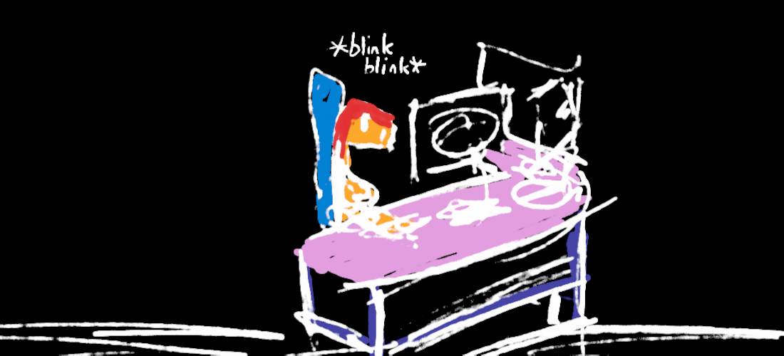 A drawing of my sona, at her desk, blinking and snapping out of something