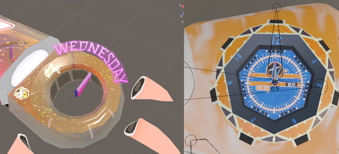 Two watch dials in 3D, one a holographic projection on the left, and the other a more realistic watch face with a cutout for a weekday complication
