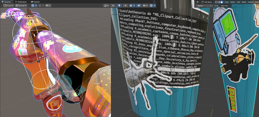 Three composite screenshots, showing various stickers used on different parts of the model
