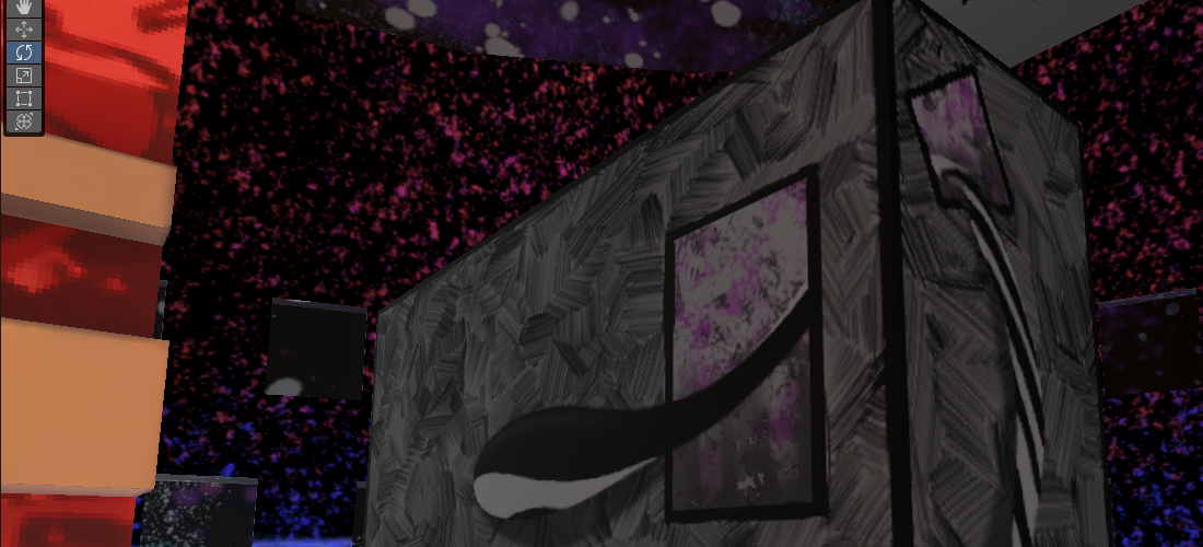 A screenshot from my updated VRChat world, showcasing distant, illusory art I've added