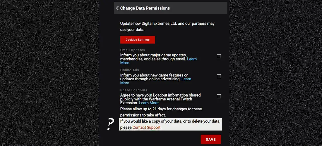 A screenshot of the Data Permissions section of the Warframe account page, highlighting a section at the bottom to contact support for a copy of your data