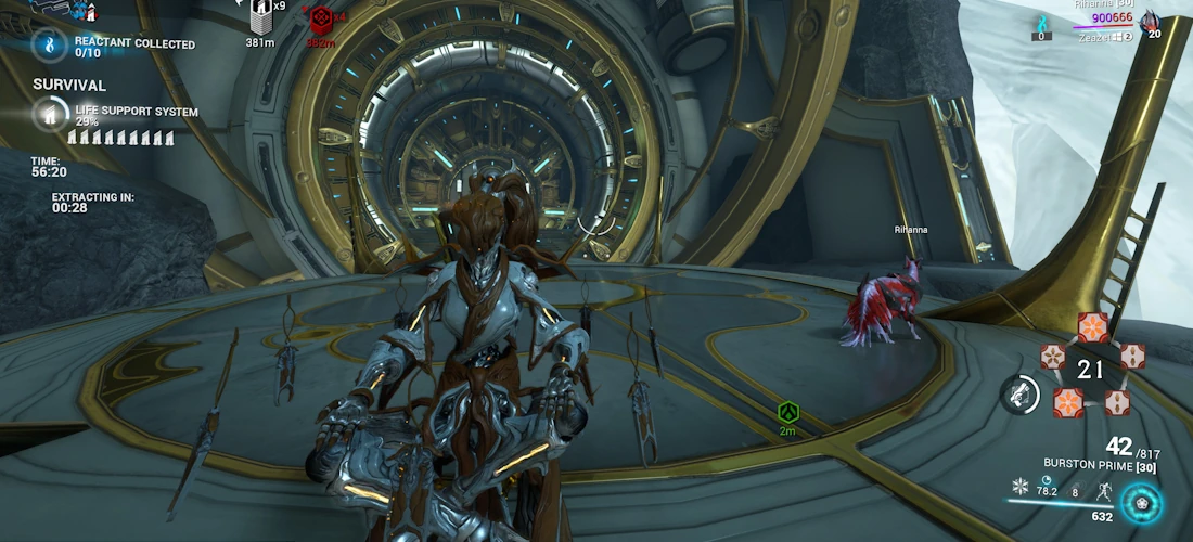 A screenshot of Warframe, waiting at extraction in a legs crossed sitting pose, hovering
