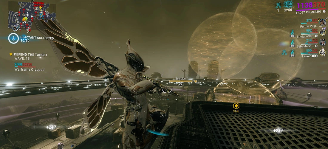A screenshot of Warframe with me as Frost Prime, overlooking four massive snowglobes placed