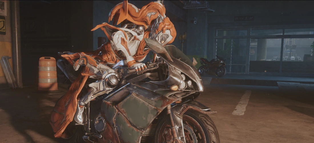 A screenshot of Warframe, with Koumei mounting a motorcycle outside an abandoned mall