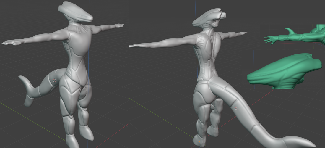 A screenshot of Blender, showing the early stages of a prototype base model I was working on, an attempt to hybridize a shark with porcelain