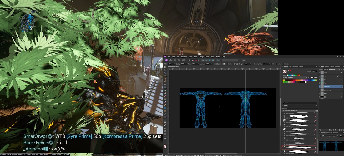 A double screenshot showcasing both my monitors, where the first one was me meditating in the trading hub of Mars, known as Maroo's Bazaar, with the early stages of some concept art I was drawing in Affinity Photo on the right