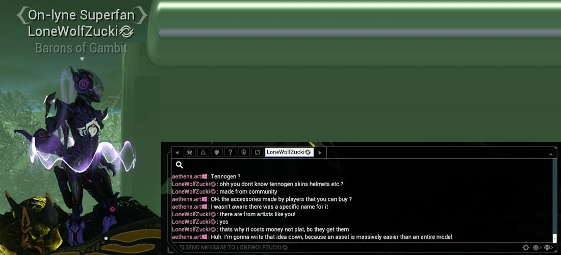 A screenshot from Warframe, highlighting the user and their chat messages that pointed me towards Tennogen