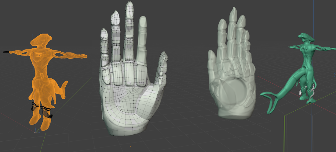 Multiple composited Blender screenshots, showing the unfinished base model I was working on