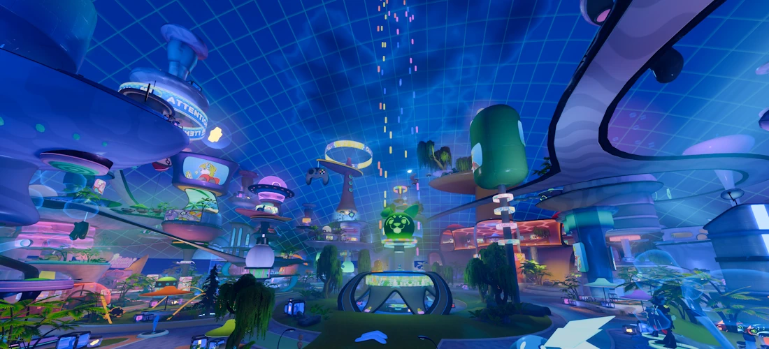 A picture in VRChat of Furality's hub world, consisting of a Frutiger Aero cityscape with a projected holographic mesh over the sky