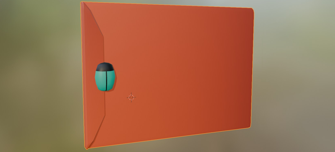 A screenshot in Blender of a red envelope, sealed with a small turquoise beetle-like object loosely imitating a wax seal
