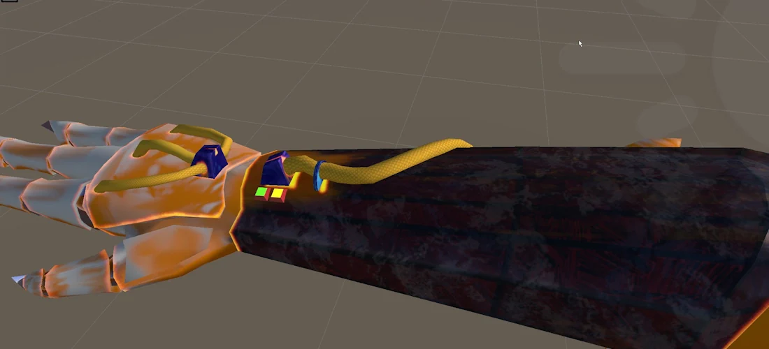 A screenshot in Unity of two new lights on my armor, one yellow, one green