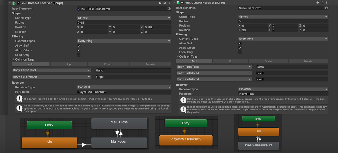 A composited diagram of Unity's editor and contact receiver UI, showing how animations and parameters dictate how an object is manipulated when interacted with