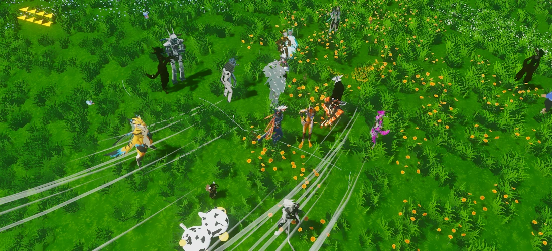 A picture in VRChat of several people gathered around a grassy field with solar panels and a couple trees around them