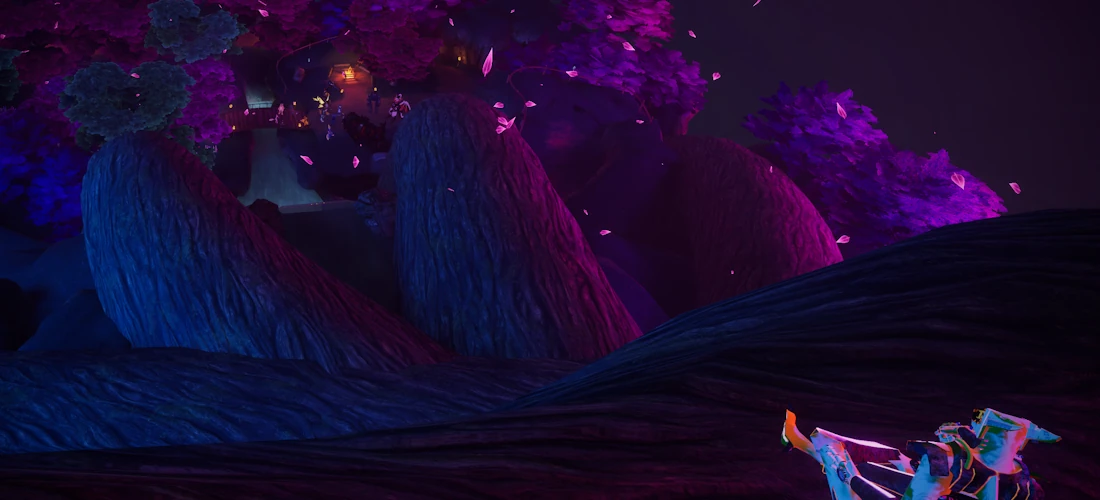 A picture in VRChat of me alone at the top of a massive blue and pink tree, overlooking people below conversing